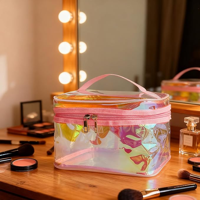 Waterproof Holographic Red PVC Makeup Bag with Handle - 8.66 * 5.51 * 5.51 inch Travel Cosmetic Organizer for Women Men Toiletry Pouch (Holographic Red-L)