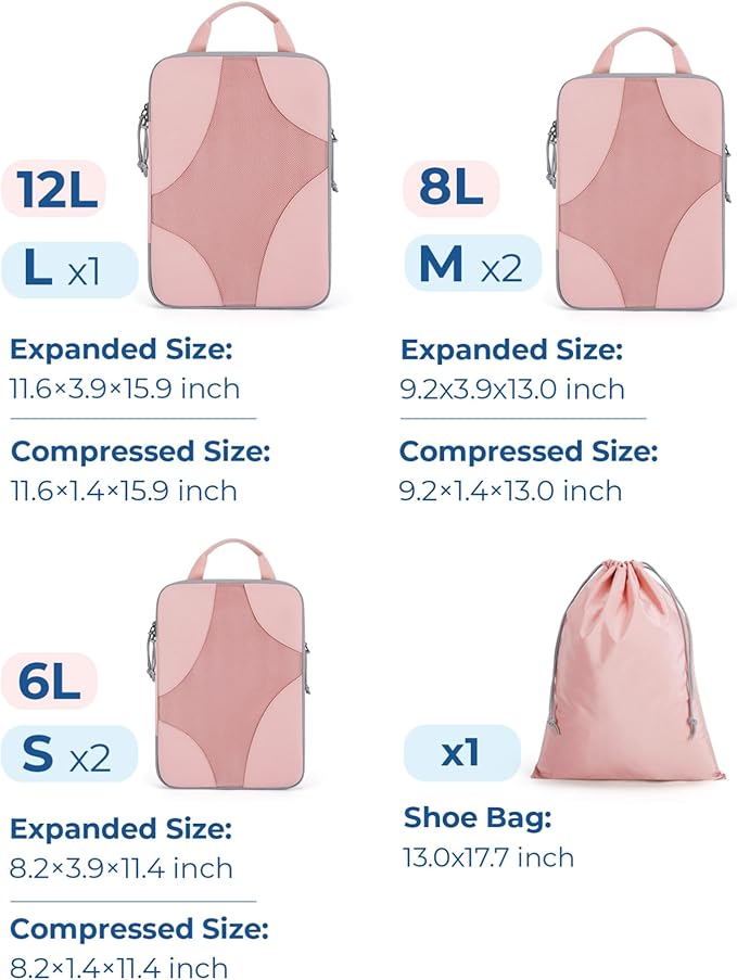 BAGSMART Compression Packing Cubes for Travel, Compressible Luggage Organizer for Cruise Ship, Lightweight Travel Essentials 6-Pack 1L+2M+2S+1Shoe Bag