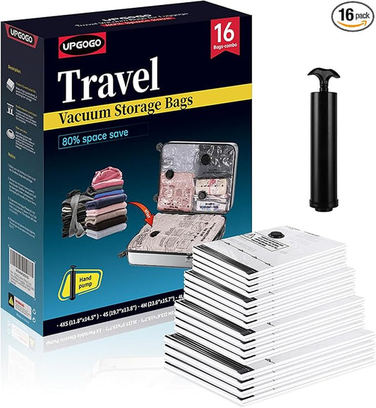 Travel Vacuum Bags for Luggage with Hand Pump,Vacuum Seal Bags for Clothing,Packing Cubes Compression,Cruise Ship and Travel Essentials(Combo 16 Pack)