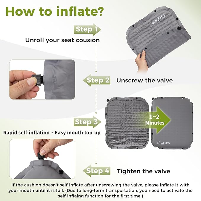 ATEPA Inflatable Seat Cushion, Self-Inflating Portable Stadium Airplane Travel Foam Cushion Pad for Camping, Sports Events, Outdoor
