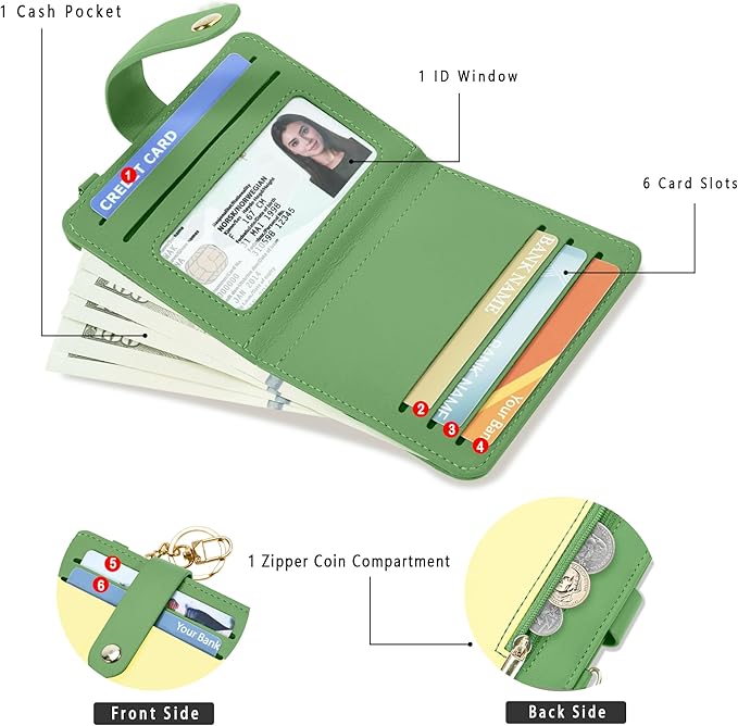 Airkit Small Wallets Woman RFID Blocking Leather Credit Card Holder - with ID Window - Card Wallets for Women - with Zipper Coin Purse - Keychain Wallet