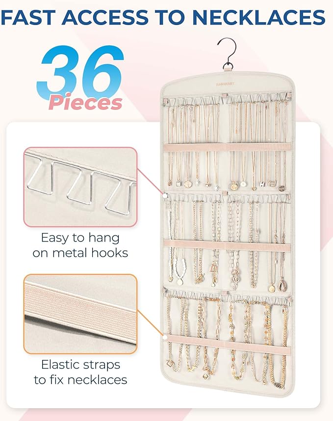 BAGSMART Hanging Jewelry Organizer, Necklace Holder Anti-tangle Earrings Rings Hanger with Pockets Hang on Closet, Wall, Door,1 Piece, Large Beige