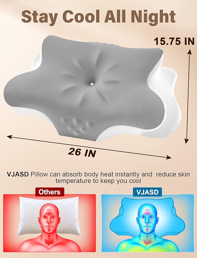 Cervical Neck Pillow for Pain Relief – Ergonomic Memory Foam Pillow for Side Sleeper Contour Orthopedic Bed Cooling Pillow for Neck Support – Ideal Christmas Birthday Gift for Women Men - Grey