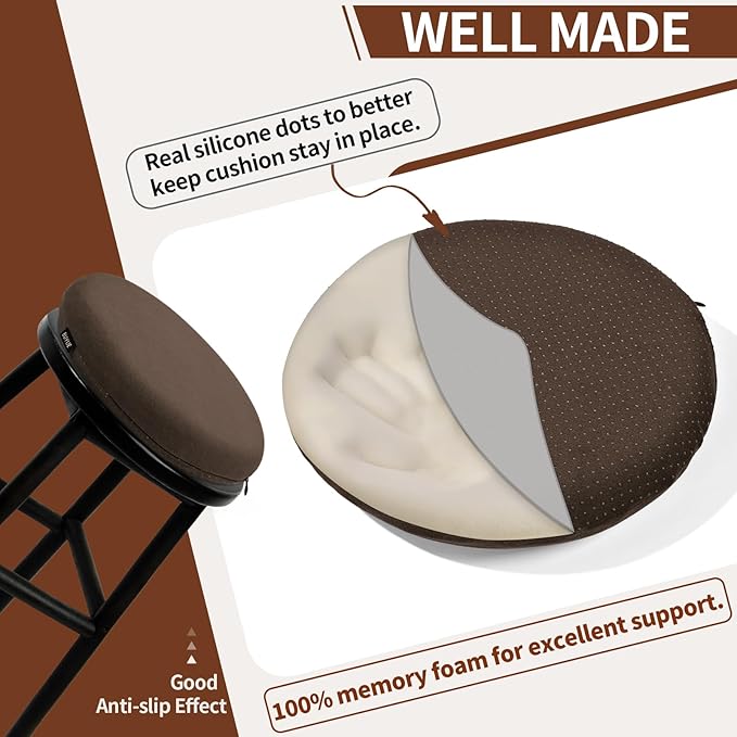 BUYUE Memory Foam Seat Cushion, Dia 15" Soft Velvet Round Stool Cushion Anti-Slip Chair Pads, M, Brown