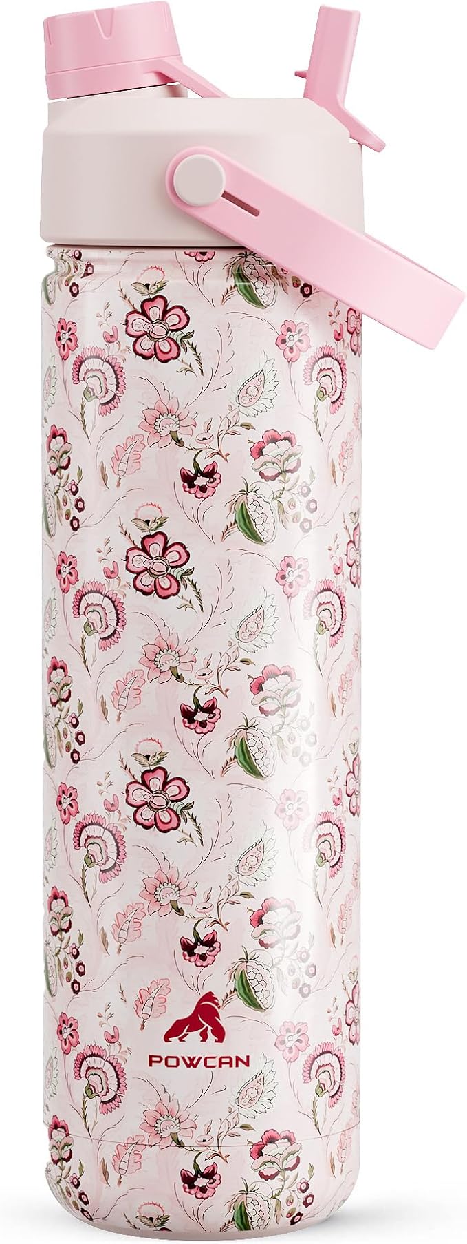 POWCAN 26 oz Insulated Water Bottle with 2-in-1 Straw and Spout Lid, Keep Cold 24H, Leak-Proof, Fits in Car Cup Holder, Stainless Steel Water Bottle for Sports, Travel, Gym and School (Pinkwild Bloom)