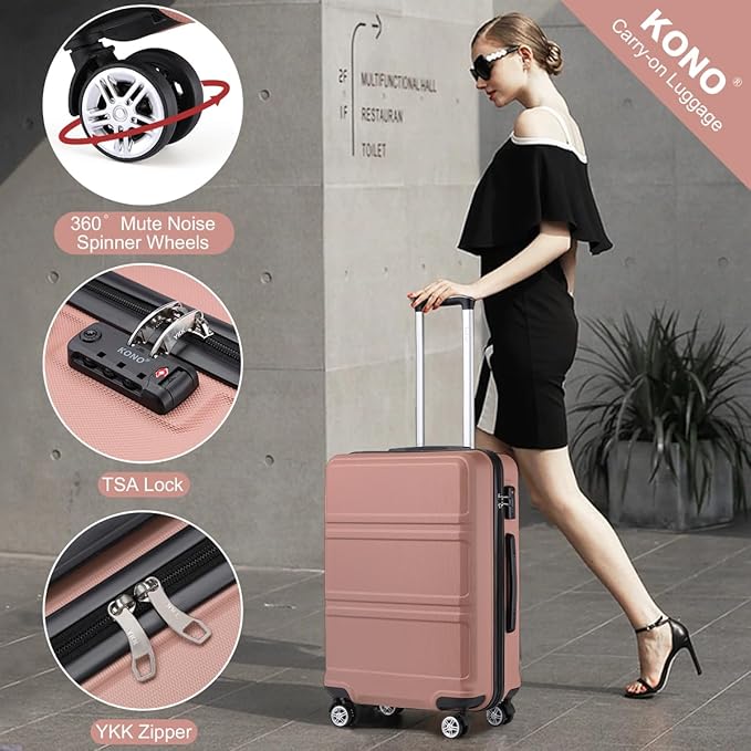 Kono 24 Inch Luggage Suitcase with Spinner Wheels TSA Lock Lightweight PC+ABS Hardside Medium Checked Luggage Durable Rolling Suitcase Nude/Rose Pink