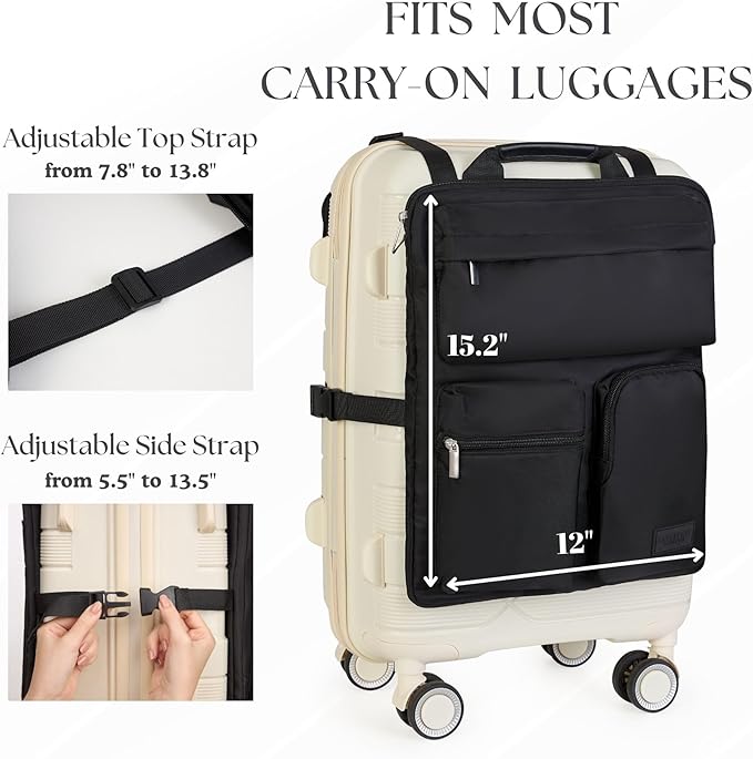 BAREFOOT CARIBOU Over Luggage Organizer for Carry On Bag or Suitcase with Storage Pockets, 16” Laptop Sleeve with Handle, Travel Accessories Bag Slide On Luggage Harness with Adjustable Straps (Black)