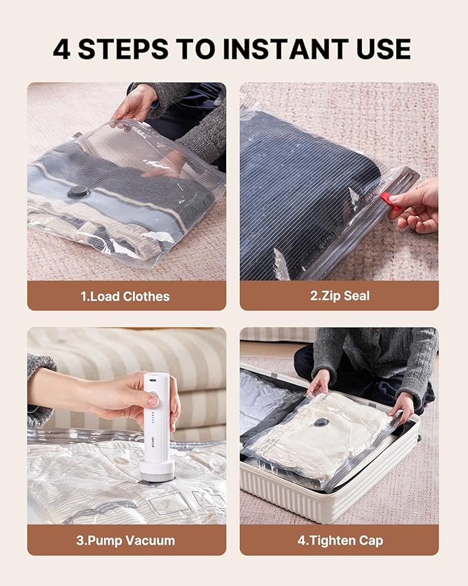 Vacuum Seal Bags for Clothing Travel, VINTAR 16 Pack Vacuum Storage Bags with Rechargeable Wireless Pump, Space Saver Bags(4 Jumbo+4 Large+4 Medium+4 Small) for Travel Luggage, Suitcase Storage