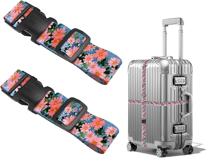 Nuxovilar Luggage Straps of 2 Set Pink Flowers Pattern, 1.96x90.5 inches - Luggage Straps for Suitcases, Fit for Summer Travel, Beach Trips, Daily Use