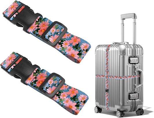 Nuxovilar Luggage Straps of 2 Set Pink Flowers Pattern, 1.96x90.5 inches - Luggage Straps for Suitcases, Fit for Summer Travel, Beach Trips, Daily Use