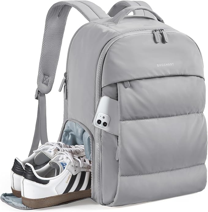 BAGSMART 30L Travel Backpack for Women, Carry on Backpack for Airplanes, Gym Backpack with Shoe Compartment, Lightweight Travel Bag Fits 15.6 Inch, Water-Resistant, Grey