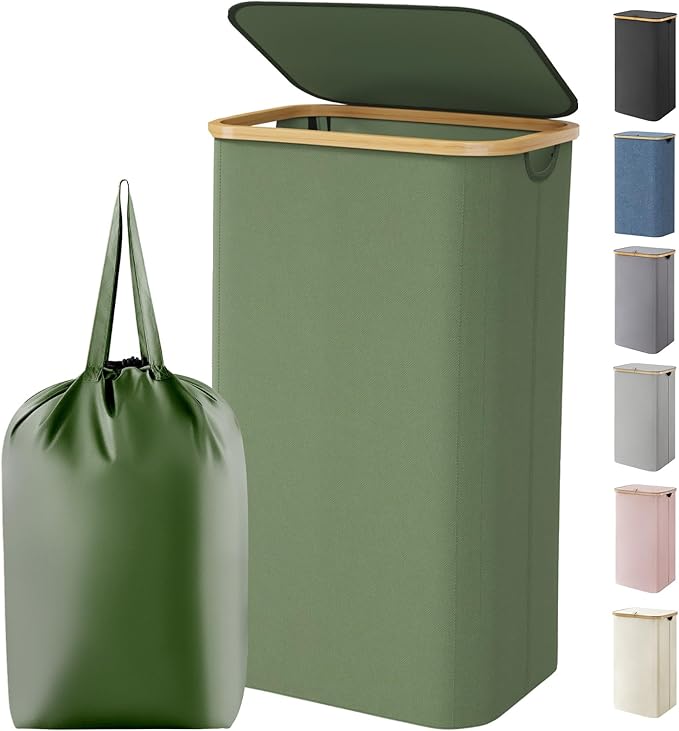 Lifewit 100L Laundry Basket with Lid, Clothes Hampers for Laundry with Bamboo Handles and 1 Removable Bag, Large Foldable Laundry Hamper for Bedroom, Bathroom, Dorm, Laundry Room, Green