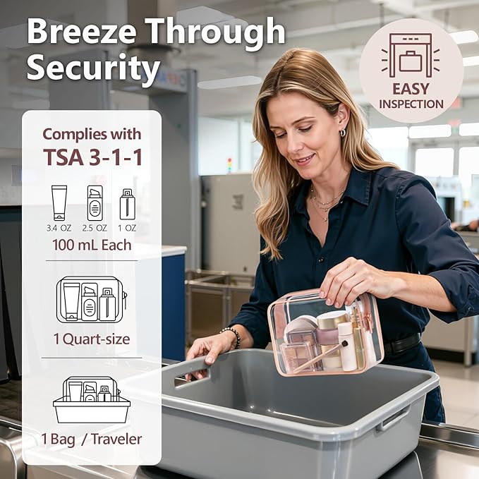 PACKISM TSA Approved Toiletry Bag 4 Medium - Quart Size Clear Makeup Bag for Carry On, Airport Security Compliant Clear Travel bag for Toiletries with Reinforced Seams, Rose Pink