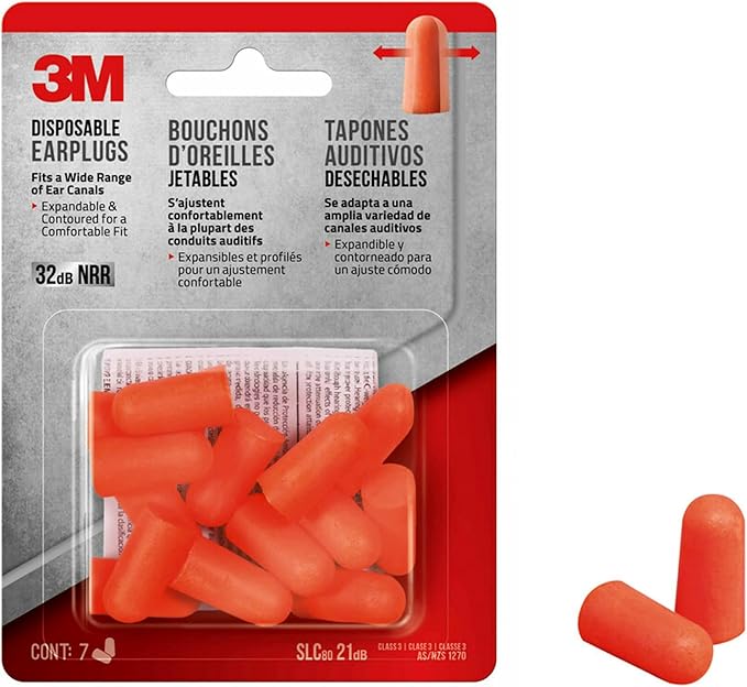3M Disposable Earplugs, 7 Pairs (14 Total Plugs), Noise Reduction Rating (NRR) 32 dB, Easy To Insert & Remove, Expandable & Contoured For Comfortable Fit, Orange Ear Plugs (92077H7-DC)