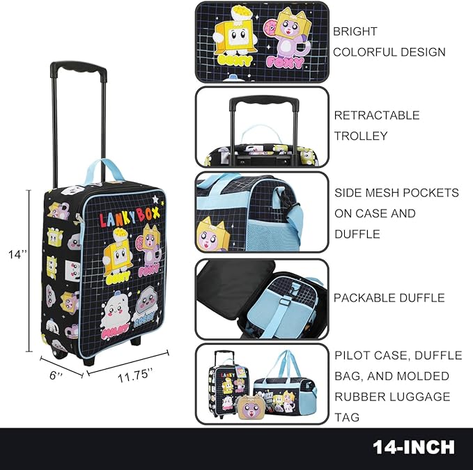 Bioworld LankyBox 4-Piece Kids' Carry On Travel Set - Officially Licensed with 14" Pilot Case Duffle Bag Utility Case and Luggage Tag