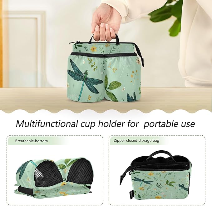 Green Dragonflies Flowers Leaves Luggage Cup Holder Travel Portable Free Hand Drink Carrier Suitcase Drinks Beverage Holder Carry-On Bottle Mug Holder Organizer Bag Travelers Accessories