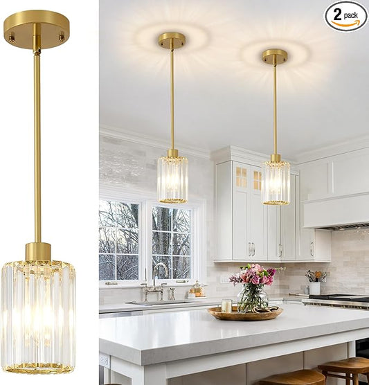 2 Pack Gold Pendant Lights for Kitchen Island, Modern Crystal Kitchen Hanging Light Fixtures, Mini Crystal Pendant Lights for Kitchen, Dining Room, Hallway, Foyer, Entryways
