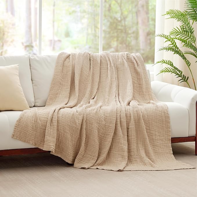 Cooling Throw Blanket Twin XL 66" x 90", 6 Layers Muslin Blankets 100% Cotton, Breathable and Lightweight Twin Blanket for Bed, Soft Bedspread, Gauze Bedding for All Season, Beige Linen