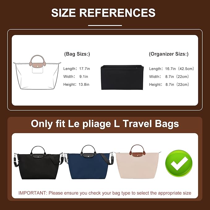 Doxo Felt Purse Organizer Insert for Longchamp Le Pliage L Travel Bag, Longchamp Orgainzer Insert Large with 9 Compartments and Zipper Water Bottle Holder, Fits Long Champ Large Bag (LT, Black)