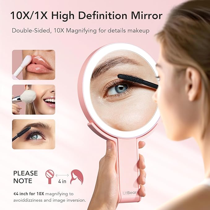 LitBear Travel Makeup Mirror with Lights, Rechargeable Double-Sided 10X/1X Magnifying Mirror, Portable Lighted Beauty Mirror, 3 Color Lighting, Dimmable Touch Screen, Tabletop Handhold Hanging (Pink)