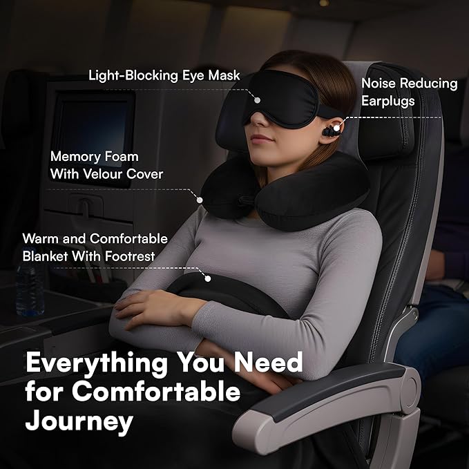 5-in-1 Travel Pillow and Blanket Set – Memory Foam Neck Pillow, Airplane Travel Essentials with Plush Blanket, Eye Mask, Earplugs & Waterproof Bag