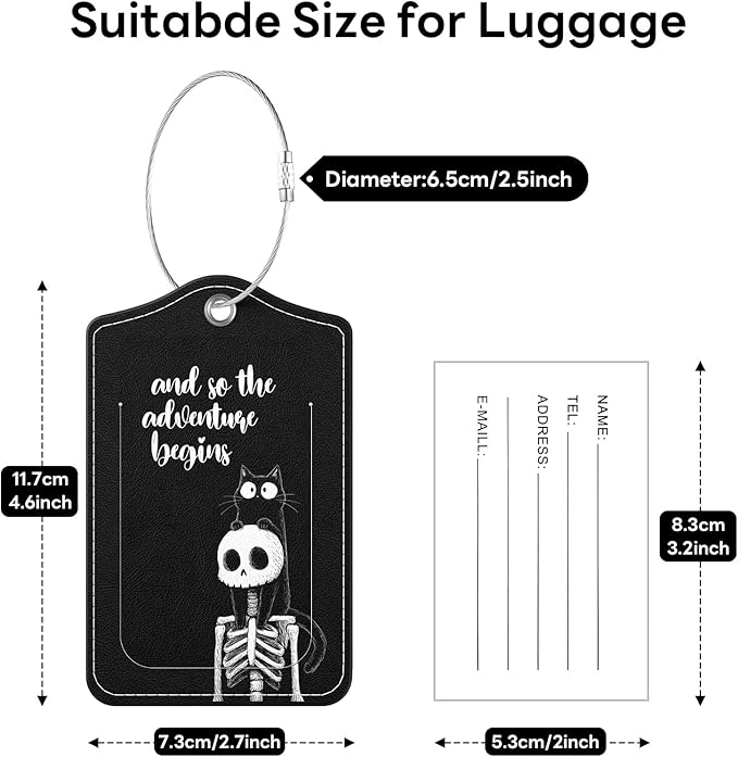 2 Pack PU Leather Luggage Tags for Suitcases, Privacy Protection Cover with Stainless Steel Loop and Address Card, Travel Cruise Essentials (Black Cat Skull)