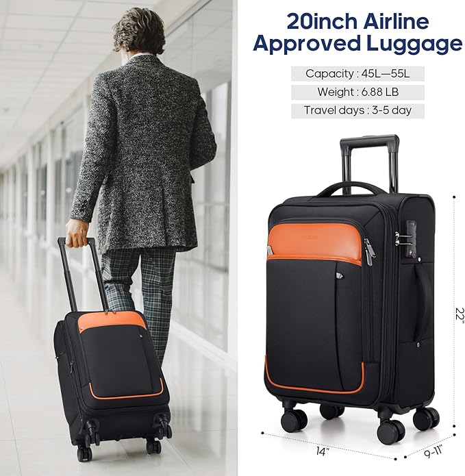 UKEIN Softside Expandable Carry On Luggage 22x14x9 Airline Approved, 20 Inch Suitcase with Wheels & TSA Lock, Travel Suitcase with 4-Piece Packing Bags for Women Men