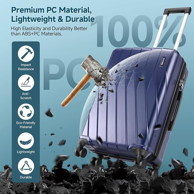 Hoteel Luggage Sets 5 Piece PC Hardside, 4-Year Warranty, Luggage Set with Spinner Wheels, TSA Lock, YKK Zipper, Lightweight Carry on Luggage, 20"/24"/28" Suitcase with Duffel & Organizer, Blue