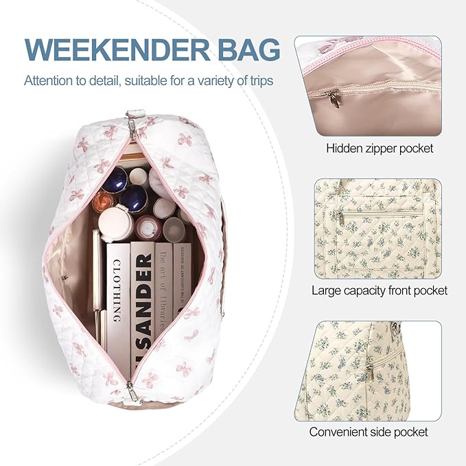 Gym Bag for Women, Cute Duffle Bag, Quilted Duffle Bag for Travel, Floral Duffle Bags, Weekend Bag with Zipper Pocket Dance Bag Organizer