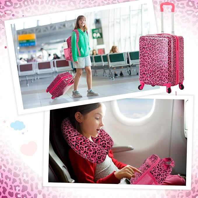 Redbaker 17 Inch 6 Pcs Kids Luggage Set Kids Rolling Luggage Double Pattern Suitcase for Boys Girls (Hot Pink, Leopard Print Style)