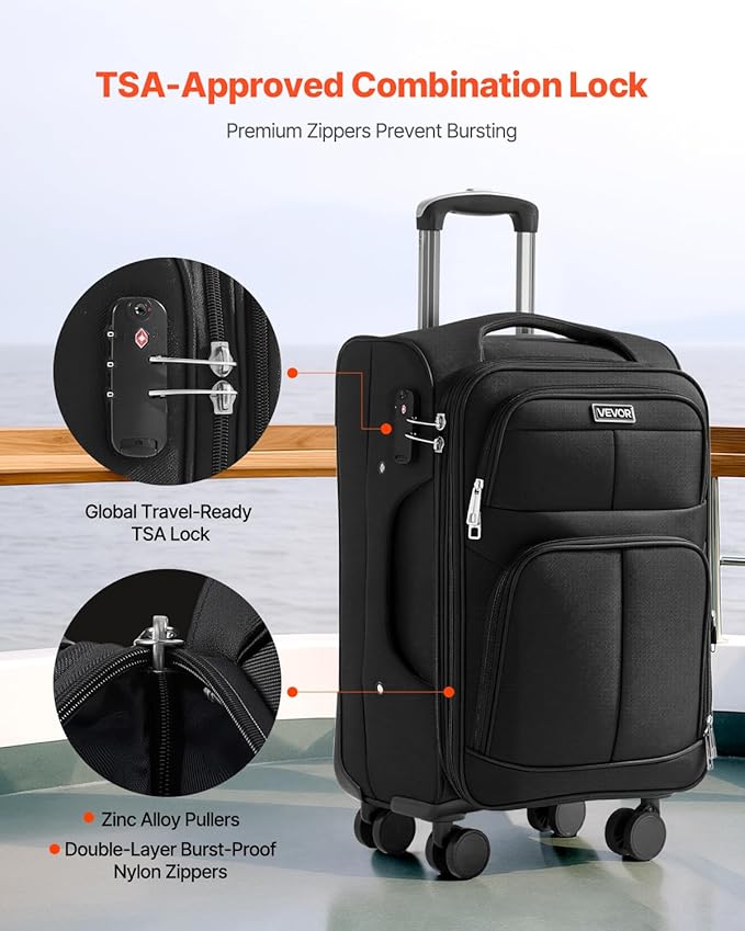 VEVOR Softside Expandable Luggage with Spinner Wheels, 20-Inch Softside Carry on Luggage, Lightweight Checked Suitcase with Expandable Zippered Pocket and TSA Lock, Black