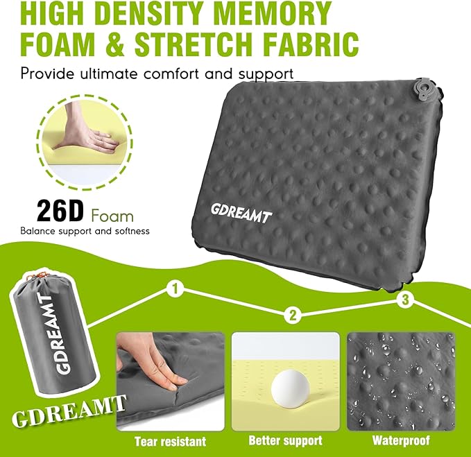 Inflatable Seat Cushion, Self-Inflating Memory Foam Stadium Seats Cushion Lightweight & Compact Chair Sitting Pad Airplane Cushion for Long Flight Travel Outdoor Camping Car Bleachers Office