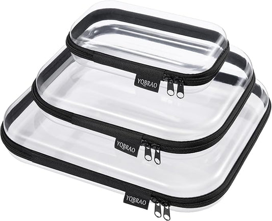 YQBRAO Hard Sided Clear Zipper Case for Storage- Professional-Grade Plastic Clear Zipper Pencil Case,Toy Storage Bins, Toiletry Pouch, Travel Organizer, Cosmetic Bag（Black,3 Pack, LMS）