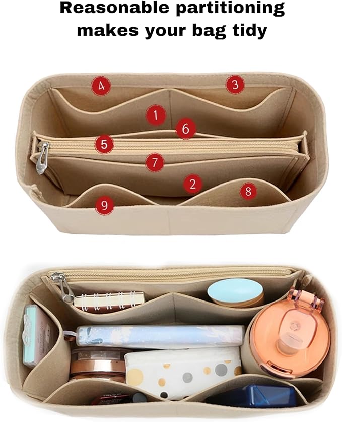 Felt Purse Organizer with Zipped, Bag Organiser Insert for Women,Perfect for carrycall Neverfull Tote (Beige, large)
