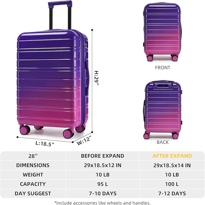 LARVENDER 28 Inch Checked Luggage with Spinner Wheels, PC+ABS Expandable Large Suitcases with Wheels, Travel Luggage sets for Women and Men, Midnight Berry