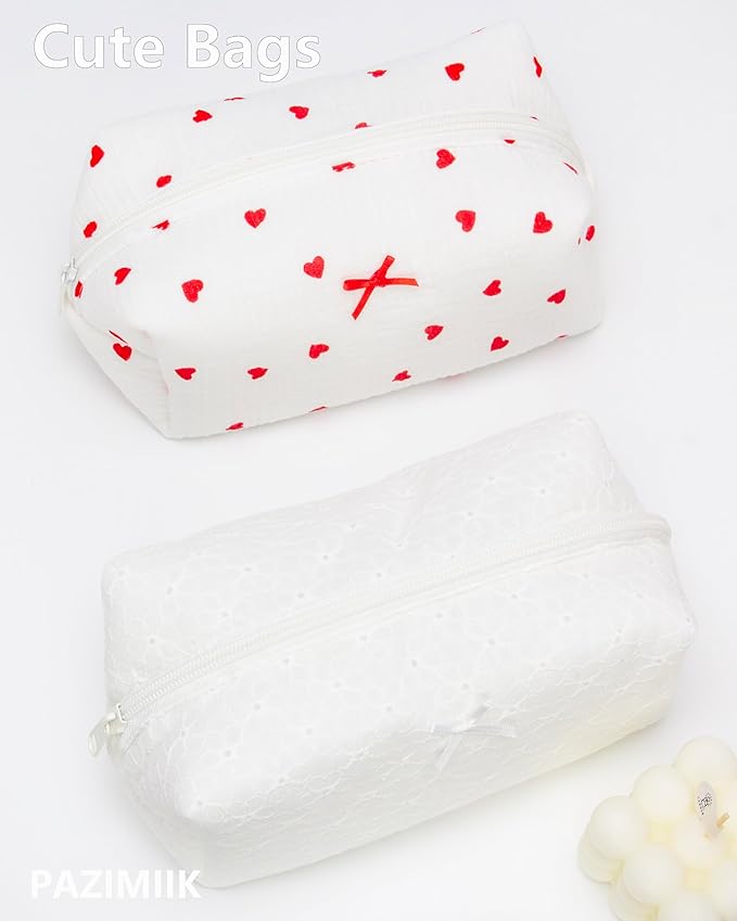 PAZIMIIK Cozy Makeup Bag Small Aesthetic Travel Zipper Cosmetic Pouch for Women Make Up Beauty Accessories Brushes,Embroidery Flower