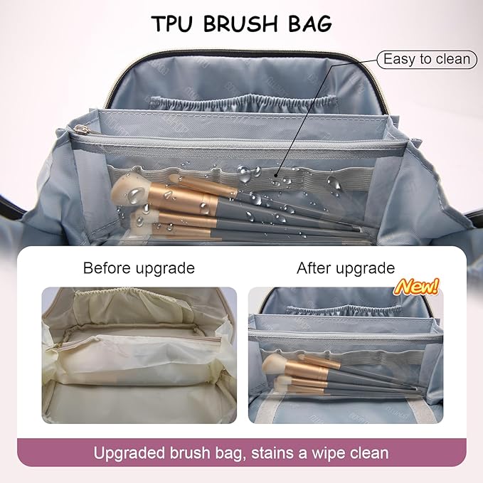 BOYATU Travel Makeup Bag Organizer Cosmetic Bag: 3 Pcs Set Make up Bags for Women with Handle - Waterproof Vegan Leather Toiletry Bags Travel Essentials Pouch with Compartments (A-05-Purple)