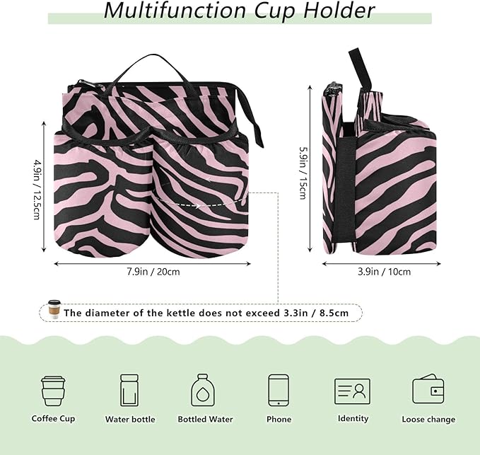 Pink Zebra Print Luggage Cup Holder Travel Portable Free Hand Drink Carrier Suitcase Drinks Beverage Holder Carry-On Bottle Mug Holder Organizer Bag Travelers Accessories