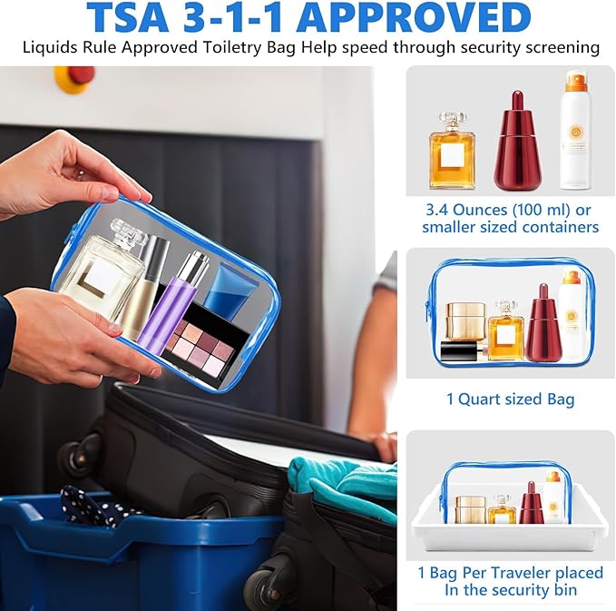AURUZA Clear Makeup Bag,Portable Travel Toiletry Bags with Zipper, TSA Approved Clear Organizer Bags, PVC Cosmetic Pouch for Airport Airline Compliant (4 Packs Blue)