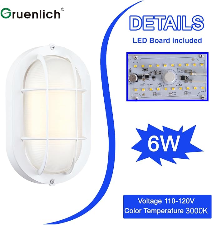 GRUENLICH LED Bulkhead Light Fixture, Aluminum Outdoor Wall Lantern, 8.5" | Oval Exterior Porch Light Wall Sconce for House Walkway Nautical Sauna, Dimmable 6W 600 Lumen, Glass, 3000K, White, 1 Pack