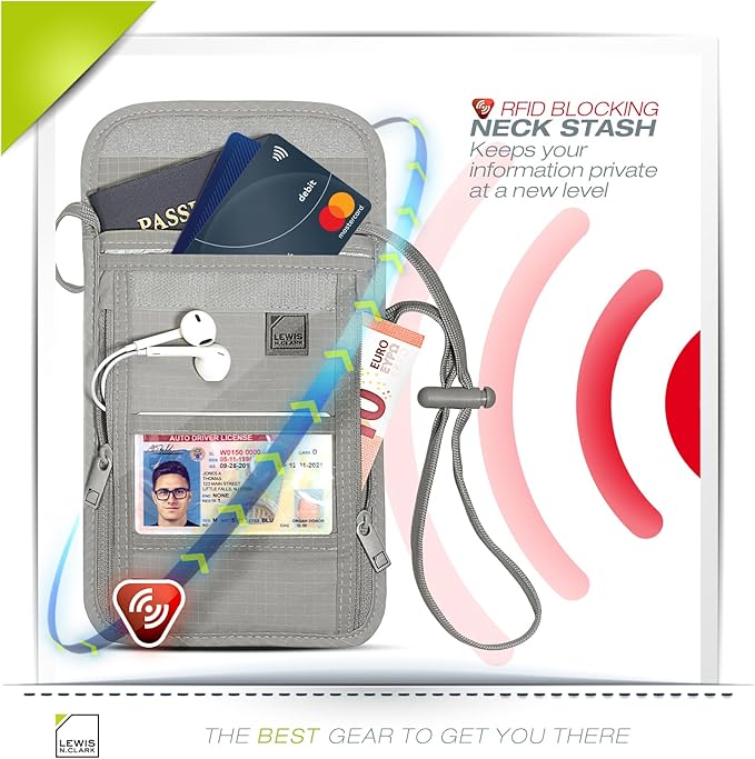 Lewis N. Clark RFID Blocking Stash Neck Wallet, Travel Pouch + Passport Holder for Women & Men, Gray