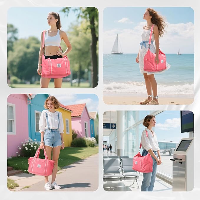 WALNEW Travel Duffel Bag, Weekender Overnight Carry On Bag for Women Men, Foldable Waterproof Gym Luggage Duffle Bag with Metal Buckle Detachable Shoulder Strap and Wet Compartment (living Coral)