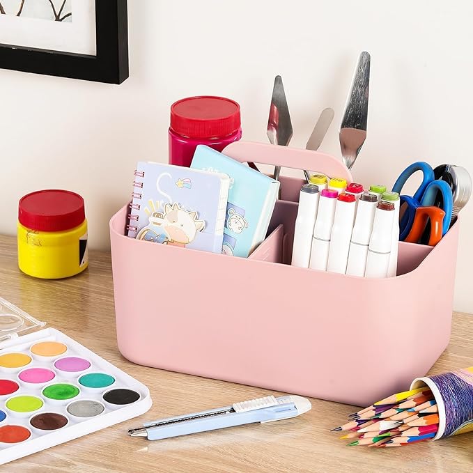 Multiuse Caddy Organizer with Handle, Portable Divided Plastic Tote Bin - Art Craft, Stationary Pen Marker Crayons, Makeup Hair Supplies Storage - Bathroom, Classroom, Dorm, Office, Desk Holder - Pink