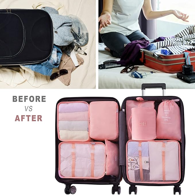 Packing Cubes, 8 Pcs Travel Packing Organizers for Suitcases, Large Capacity Travel Luggage Organizers Set includes 8 Storage Bags for Women or Men (Pink)