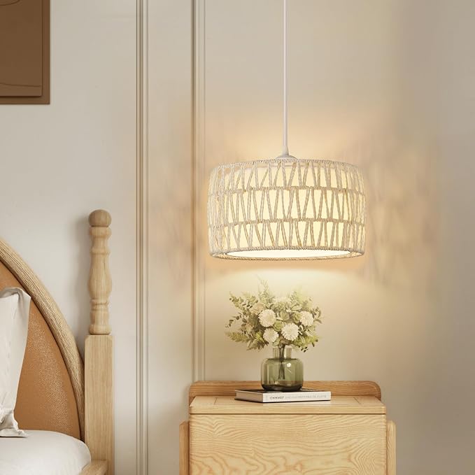 Plug in Pendant Light, Rattan Hanging Lights with Plug in Cord | Woven & Fabric 2 in 1 LampShade, Hanging Lamp Plug in for Bedroom Living Room Kitchen Island-Cream (Bulb Included)