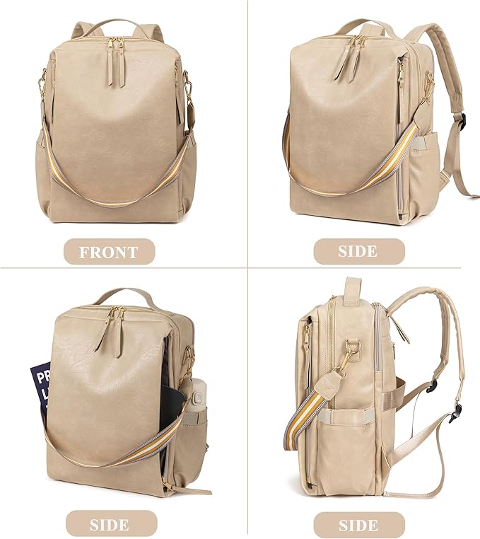 myfriday PU Leather Large Backpack Purse for Women Casual Travel Backpack Convertible Satchel Handbags With Luggage Strap (Biege)