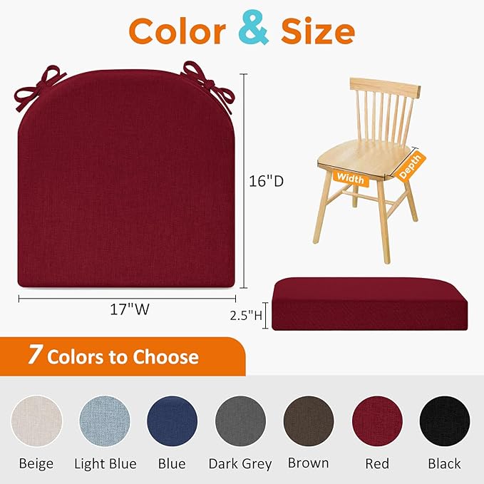 downluxe Chair Cushions for Dining Chairs, Memory Foam Linen Kitchen Chair Pads with Ties, Waterproof, Stain-Resistant and Washable Cover, 17" x 16" x 2.5", Red, 6 Pack