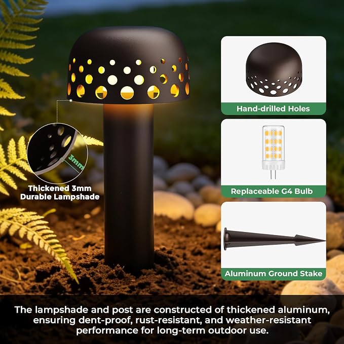 Low Voltage Landscape Pathway Lights, 12V Outdoor Mushroom Decorative Lights, Unique Aluminum Path Lighting with 4W 2700K Replaceable Bulb for Walkway Garden Yard, 2 Pack