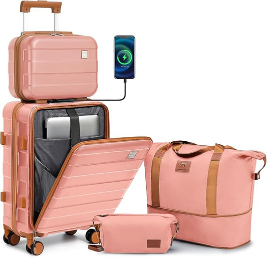 imiomo Carry on Luggage Airline Approved with Front Pocket and USB Port, Hard Shell 20 Inch Travel Carry-on Suitcase with Spinner Wheels and TSA Lock, Pink