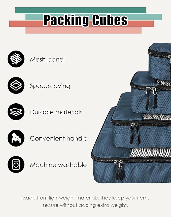 4-Piece Packing Cubes Travel Accessories Set for Suitcases - Luggage Organizer Bags with Double Zipper - Mesh Top - Small/Medium/Large/Slim - Dark Blue